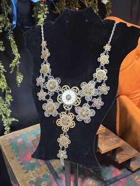 Artisan Gold and Silver Filigree Statement Necklace with Clock Motif